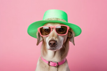 Adorable Dog Wearing Sun Hat Sitting in front of bright Pastel Background. Generative ai