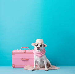 Adorable Dog Wearing Sun Hat Sitting in front of bright Pastel Background. Generative ai - 610467271