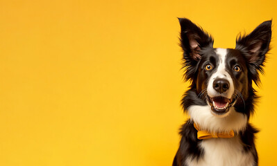Illustration of Black and White Border Collie on Yellow Background. Generative ai