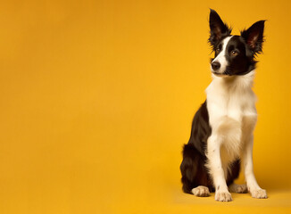 Illustration of Black and White Border Collie on Yellow Background. Generative ai
