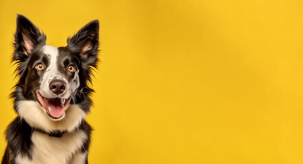 Illustration of Black and White Border Collie on Yellow Background. Generative ai