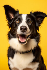 Illustration of Black and White Border Collie on Yellow Background. Generative ai