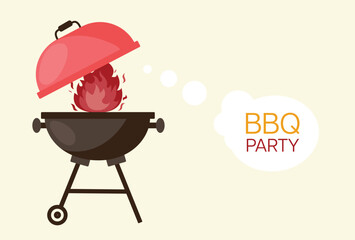 Barbecue grill elements isolated on light background. BBQ party poster. Meat restaurant at home. Charcoal kettle with tool, sauce and foods. Kitchen equipment for menu. Cooking outdoors.