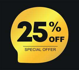 25% off. Golden, black color. Special Offer. Vector illustration price discount. Campaign for retail, stores
