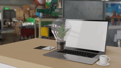 laptop with lights inside there is green grass, 3D rendering illustration, 
