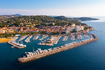 Picturesque view from drone of Sainte-Maxime townscape on Mediterranean coast with port for...