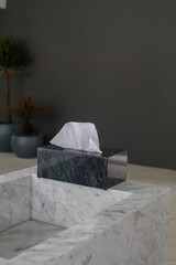 Black marble tissue box with white paper tissues. Loft style bathroom interior with modern sink. 
