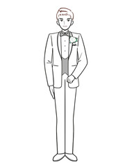 白いタキシードを着た新郎