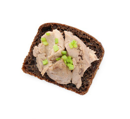 Tasty sandwich with cod liver and green onion isolated on white, top view