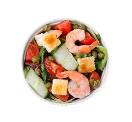 Tasty salad with croutons, tomato and shrimps isolated on white, top view