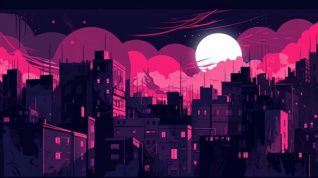 a wallpaper illustration of a night cityscape in anime neo crisp style. neon flat colors. nightsky with a big shiny moon and clouds with skyscrapers. Generative AI