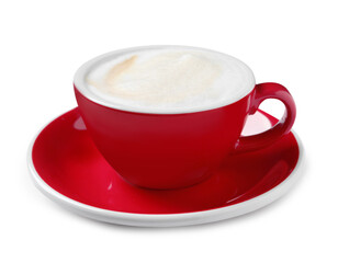 Red cup with aromatic cappuccino isolated on white