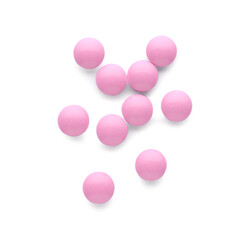 Pink antidepressant pills isolated on white, top view