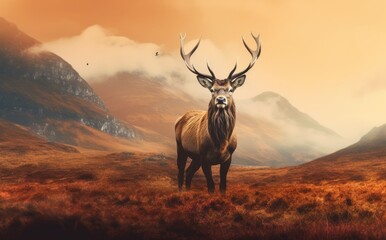 Beautiful red deer stag with big antlers in the mountains. Created with Generative AI tools