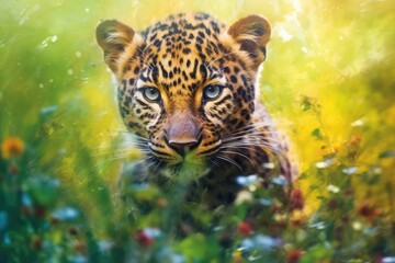 Fototapeta na wymiar Leopard in the grass. Beautiful portrait of a leopard in nature. Created with Generative AI tools