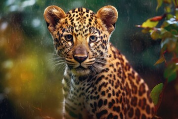 Leopard in the rain looking at the camera. Created with Generative AI tools