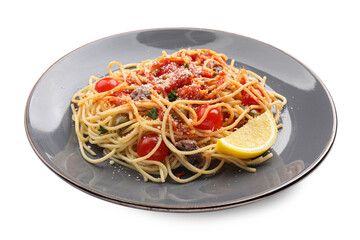 Plate of delicious pasta with anchovies, tomatoes and parmesan cheese isolated on white