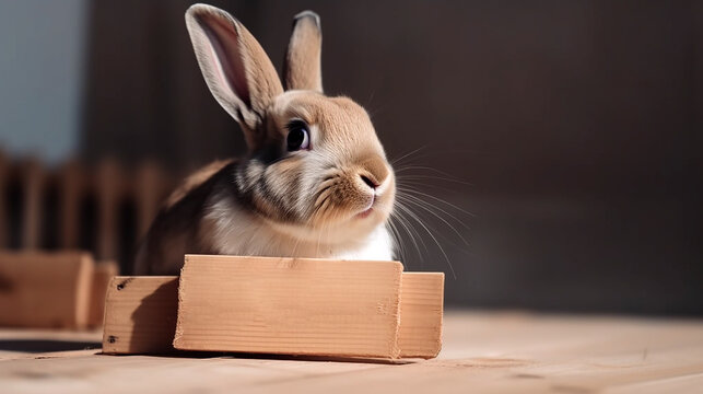 Coelho bonito e sinal com inscrição sobre venda. Closeup, dentro de casa. Luz do dia, tiro do estúdio. isolado