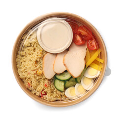 Tasty food in container isolated on white, top view