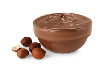Bowl with delicious chocolate paste and hazelnuts on white background