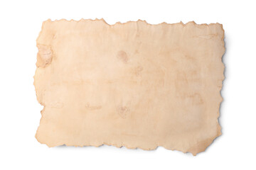 Sheet of old parchment paper on white background, top view