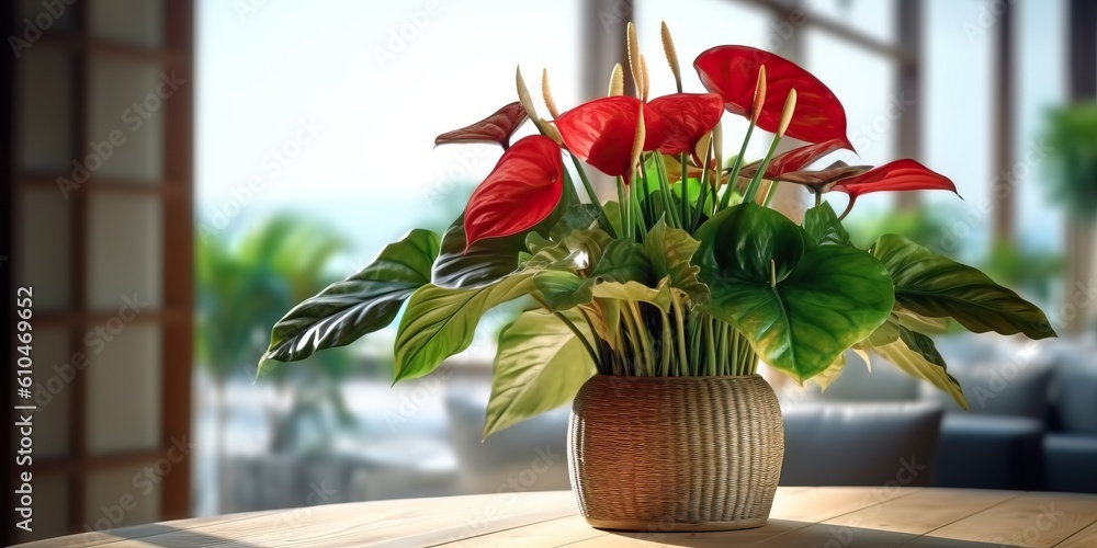 Wall mural Portrait vase of anthurium on the table with sun exposure