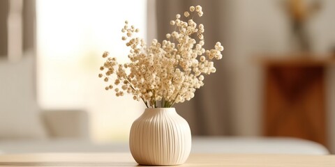 Portrait vase of dried flowers on the table with sun exposure