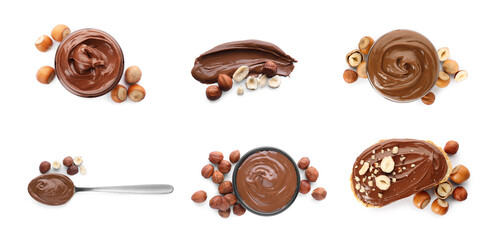 Yummy chocolate paste and hazelnuts on white background, top view. Collage design