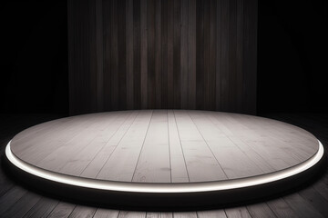 a wooden circular platform podium with white neon light on dark background. Created with Generative AI Technology