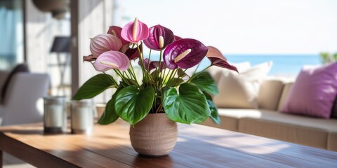 Beautiful vase of anthurium flowers on the table with sun exposure