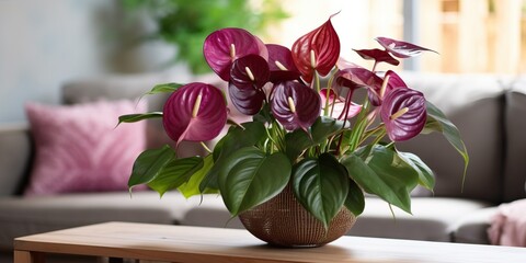Beautiful vase of anthurium flowers on the table with sun exposure