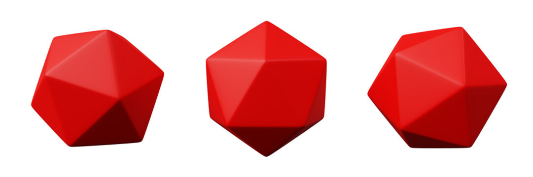 3d icosahedron red realistic rendering of basic geometry object