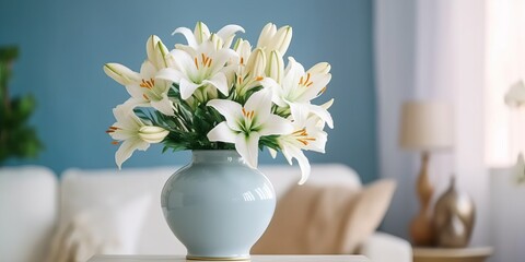 Beautiful vase of lily flowers on the table with sun exposure