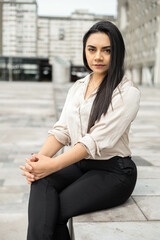 formal fashion for office work in blouse and pants, glamorous and business lifestyle, beautiful young woman with black straight hair, entrepreneur in the city