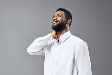 man african white happy studio emotion smile shirt space american copy young standing