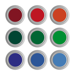 Red, blue and green 3d buttons. Round glass web icons. Vector illustration.