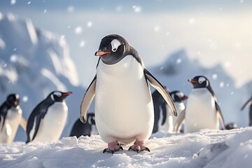 Portrait penguin standing in snowy hills AI Generative - obrazy, fototapety, plakaty