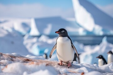 Obraz premium Portrait penguin standing in snowy hills AI Generative