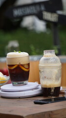 Coffee with liquid served on the table