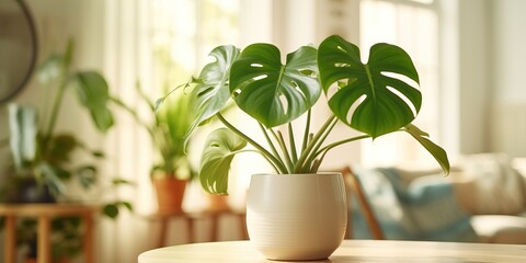 Vase of monstera deliciosa on the table with sun exposure