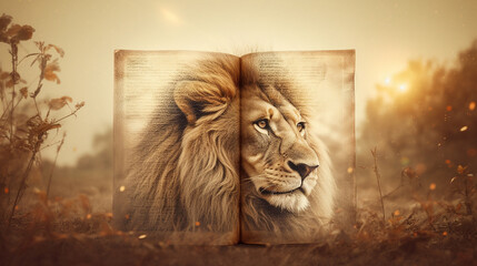 leão e biblía sagrada, simbolo da fé cristã 