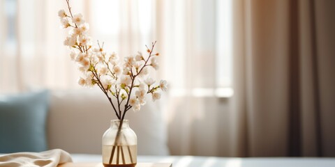 Beautiful vase of cherry blossom flowers on the table with sun exposure