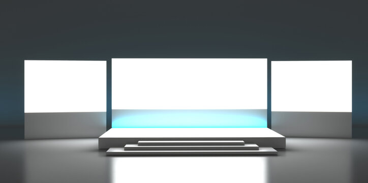 Empty stage design for mockup and corporate identity, display. Platform elements in hall. Blank screen system for graphic Resources. Scene event led night light staging. 3d Background for online.