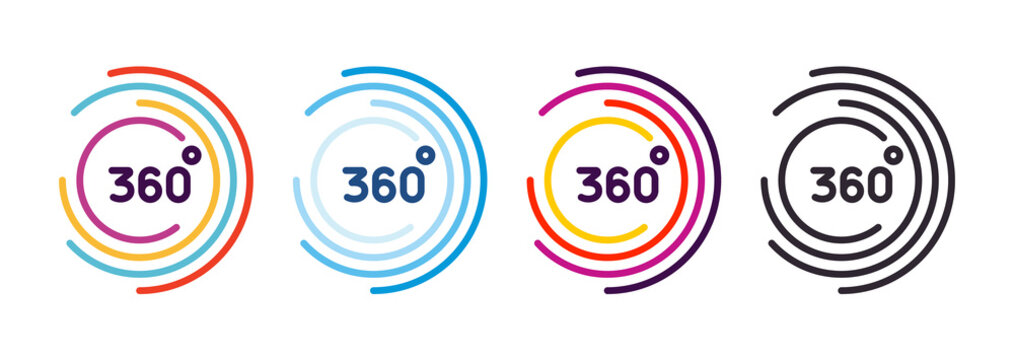 360 degrees. 360º area view, virtual reality related vector graphic element linear stroke icon in 4 color schemes. Modern style with colorful circle lines