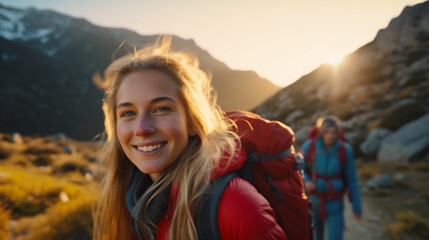 Naklejka premium a young adult woman with a backpack on a mountain with a view of a valley and a mountain, nature and hiking, wanderlust, camping and hiking