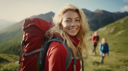 Naklejka na ściany i meble a young adult woman with a backpack on a mountain with a view of a valley and a mountain, nature and hiking, wanderlust, camping and hiking
