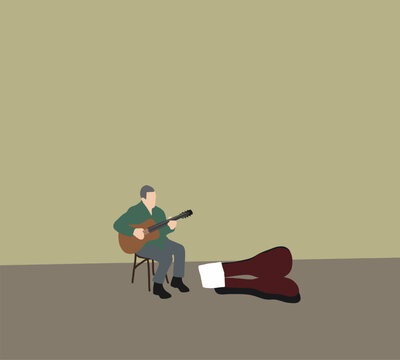 Street musician playing a guitar to make a living on street pavement scenery. Unemployed musician. Performers busking money - Powered by Adobe