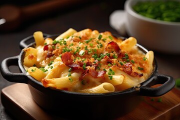 Deliciously Cheesy Bacon Macaroni. Baked and Cooked into a Perfect Bowl of Pasta on a Table, Topped with Melted Cheese and Scallion. Generative AI