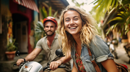 Fototapeta na wymiar young adult woman, caucasian blonde, fun and joy, tropical location, with friends or boyfriend, on a scooter, fictional location