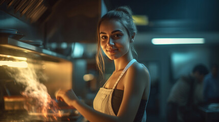 Fototapeta na wymiar young adult woman wearing a cooking apron in a professional kitchen at the stove with fire and flames and frying pan, cooking, restaurant or pub, job and work, working cooking